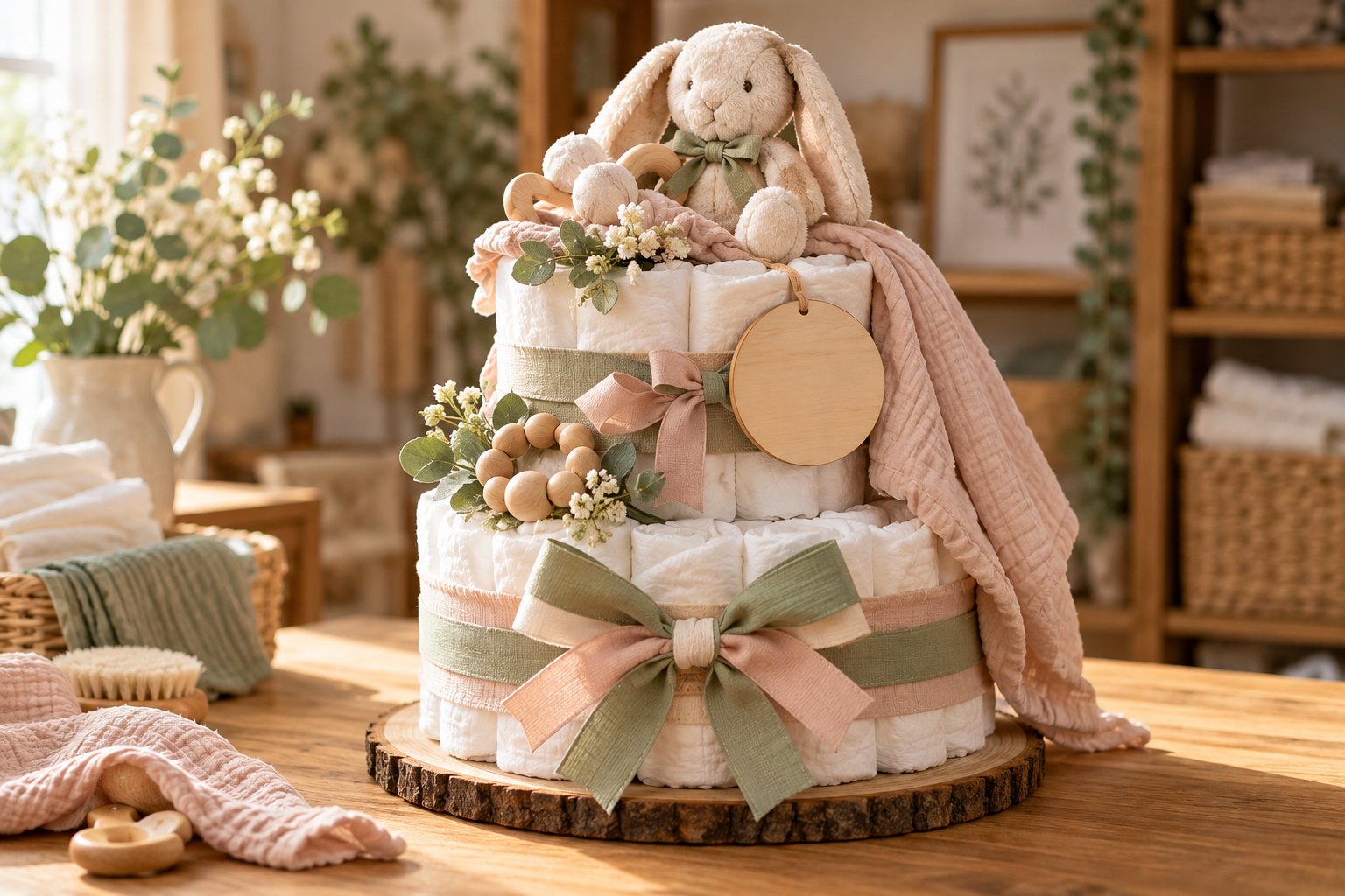 Pastel de pañales personalizado con accesorios para bebé