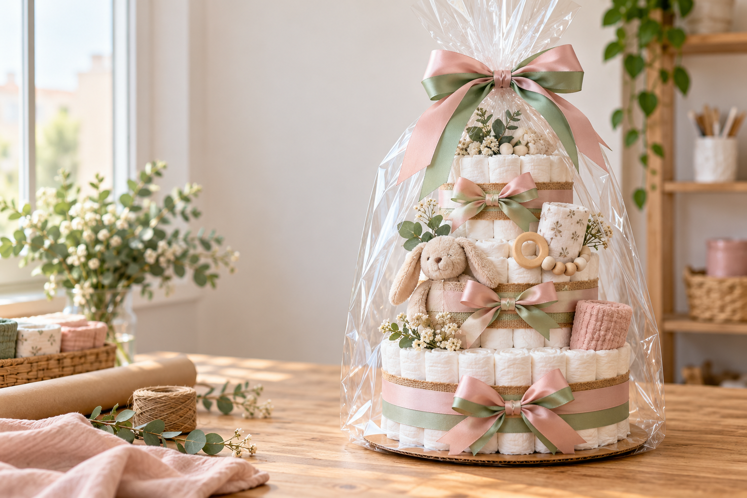 Tarta de pañales artesanal preparada para regalar en Badalona
